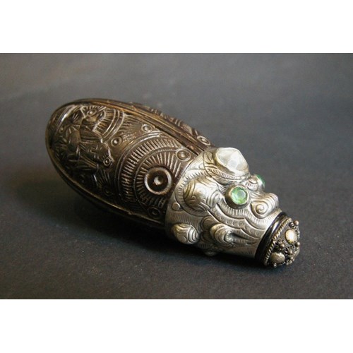 Coconut snuff bottle sculpted with silver mount stone embelishement